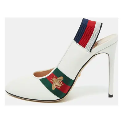 Gucci White Leather Web Detail Sylvie Slingback Pumps Size 38.5