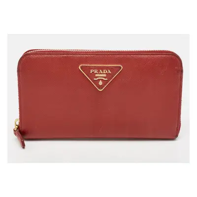 Prada Red Saffiano Leather Zip Around Wallet