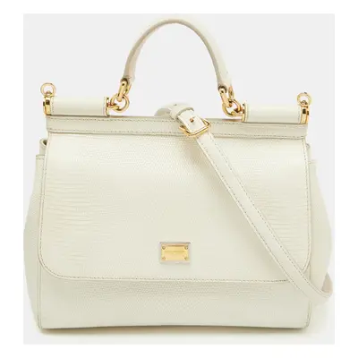 Dolce & Gabbana White Lizard Embossed Leather Miss Sicily Top Handle Bag