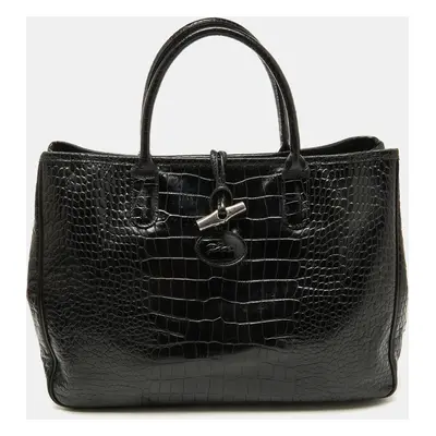 Longchamp Black Croc Embossed Leather Roseau Tote