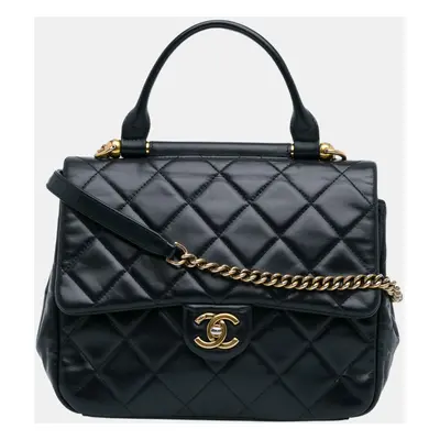 Chanel Navy Blue Small Lambskin Gold Bar Top Handle Flap