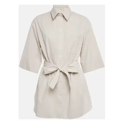 Max Mara Leisure Beige Seersucker Stripe Cotton Tie-Up Waist Detail Shirt