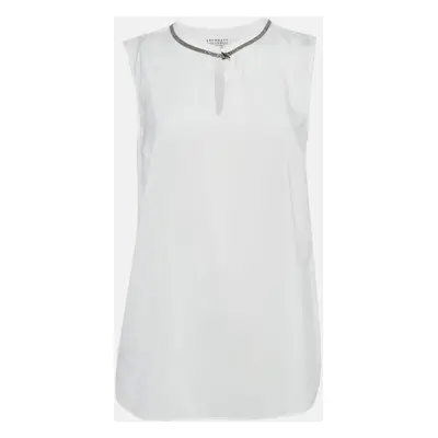 Brunello Cucinelli White Monili Neck Detail Silk Sleeveless Top