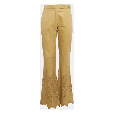 Roberto Cavalli Beige Leather Laser Cut-Work Detail Wide Leg Pants