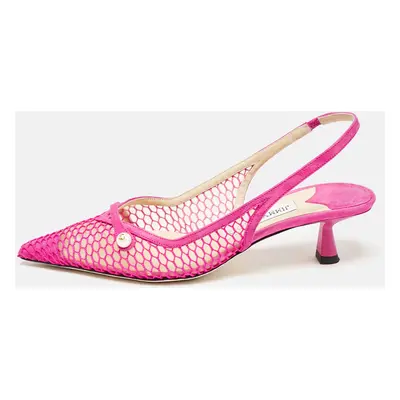 Jimmy Choo Fuchsia Suede and Fishnet Amita Slingback Pumps Size