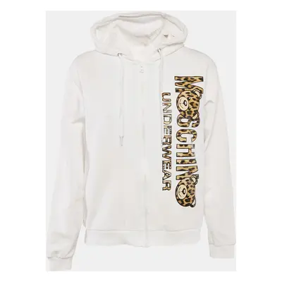 Moschino White Logo Print Cotton Knit Zip-Up Hoodie Jacket