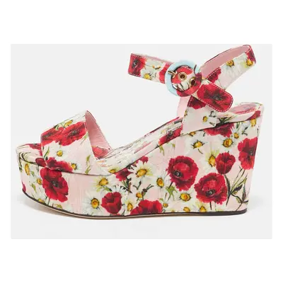 Dolce & Gabbana Pink Floral Print Brocade Fabric Wedge Sandals Size