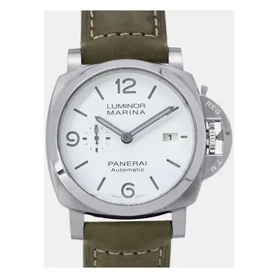 Panerai White Dial Stainless Steel Leather Luminor Marina Watch mm