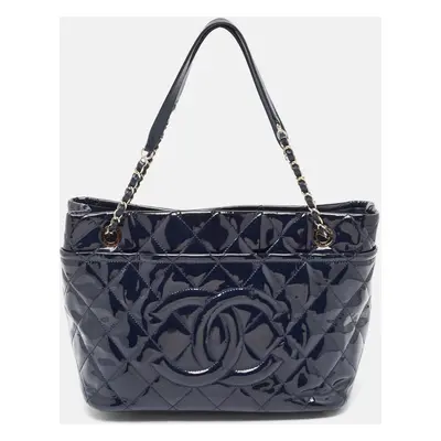 Chanel Navy Blue Quilted Patent Leather Timeless CC Shopper Tote