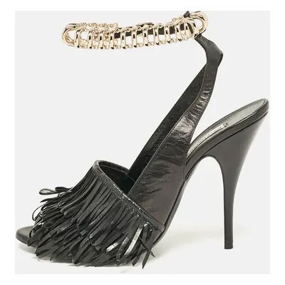 Balenciaga Black Fringe Leather Chain Detail Ankle Strap Sandals Size