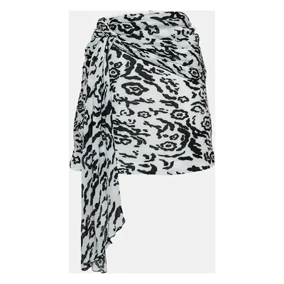 Self-Portrait Black/White Leopard Print Plisse Draped Mini Skirt