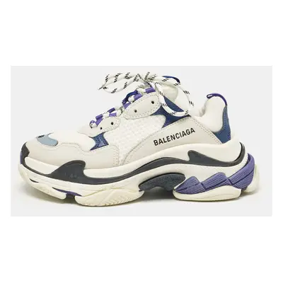 Balenciaga White/Blue Mesh and Leather Triple Sneakers Size