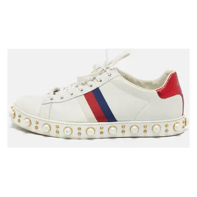 Gucci White Leather and Snakeskin Embossed Leather Ace Lace Up Sneakers Size