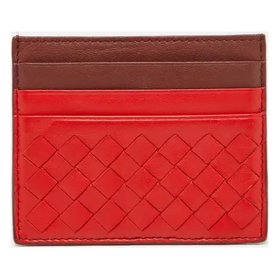 Bottega Veneta Orange/Burgundy Intrecciato Leather Card Holder