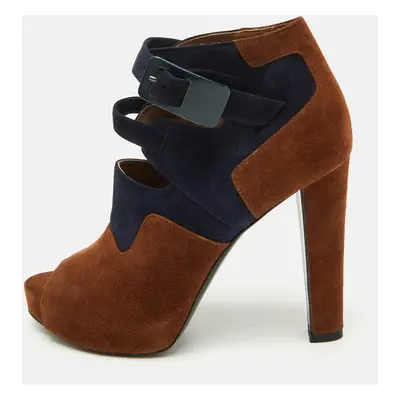 Hermes Brown/Blue Suede Double Ankle Strap Open Toe Booties Size