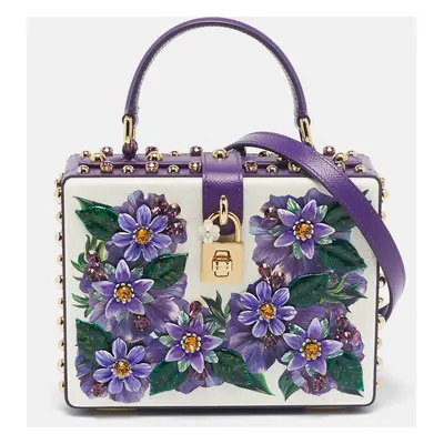 Dolce & Gabbana Purple/White Leather Floral Embellished Dolce Box Top Handle Bag