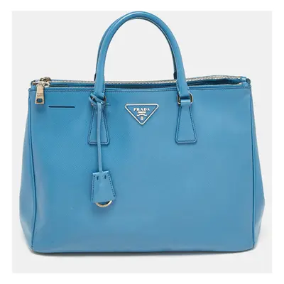 Prada Blue Saffiano Lux Leather Large Double Zip Tote