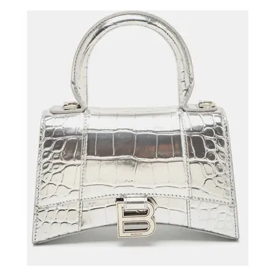 Balenciaga Silver Croc Embossed Patent Leather Hourglass Top Handle Bag