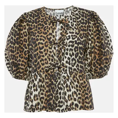 Ganni Brown Leopard Print Cotton Gathered Top