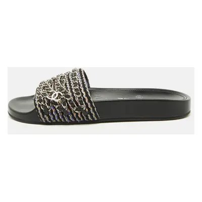 Chanel Black Tweed Fabric Tropiconic Chain Link Flat Slides Size