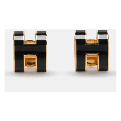 Hermes Pop H Black Lacquer Gold Plated Stud Earrings