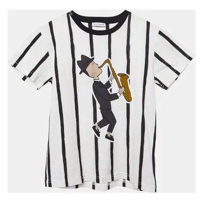 Dolce & Gabbana Kids Ivory Saxophonist Patch Striped Cotton T-Shirt 6Yrs