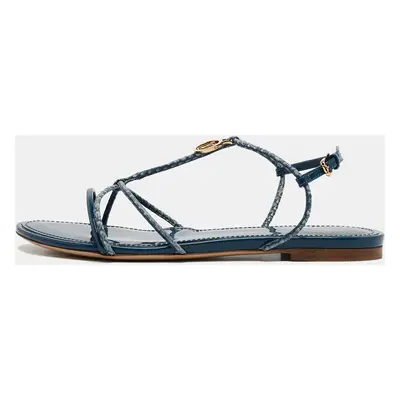 Louis Vuitton Blue Snakeskin and Patent Leather Sunseeker Flat Sandals Size 38.5