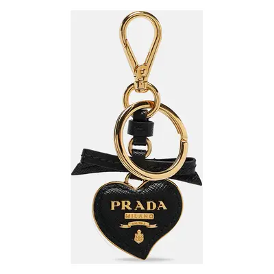 Prada Black Saffiano Leather Gold Tone Heart Key Chain