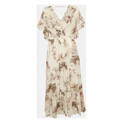 Sandro Beige Printed Crepe Marro Ruffled Midi Dress