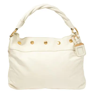 Prada White Nylon and Leather Braided Handle Hobo