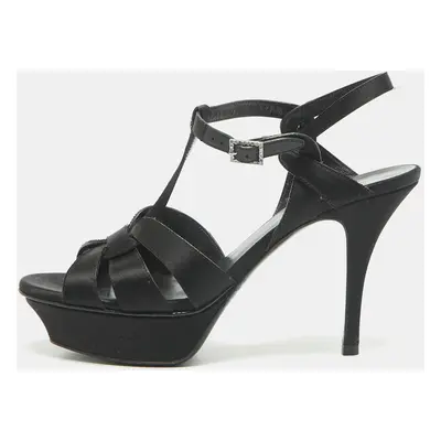 Saint Laurent Black Satin Tribute Ankle Strap Platform Sandals Size 37.5