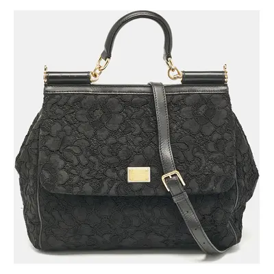 Dolce & Gabbana Black Lace Fabric Miss Sicily Top Handle Bag