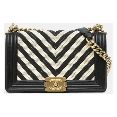 Chanel Black White Medium Braided Chevron Cotton and Lambskin Boy Flap