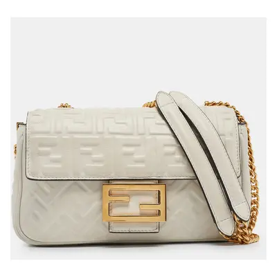 Fendi White FF Embossed Leather Midi Chain Baguette Bag