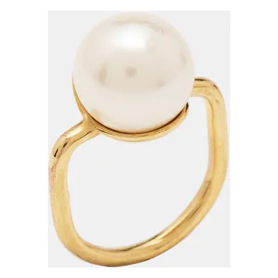 Carolina Herrera CH Faux Pearl Gold Tone Ring Size