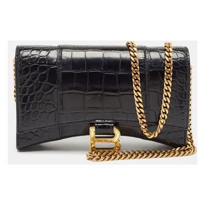 Balenciaga Black Croc Embossed Leather Hourglass Wallet on Chain