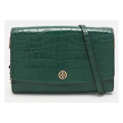 Tory Burch Green Croc Embossed Leather Robinson Wallet On Chain