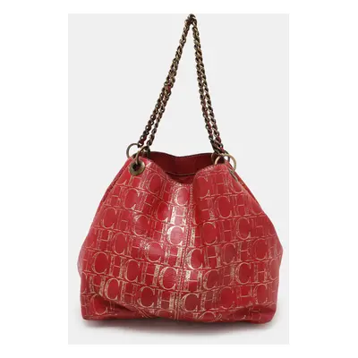 CH Carolina Herrera Red Metallic Monogram Leather Chain Tote