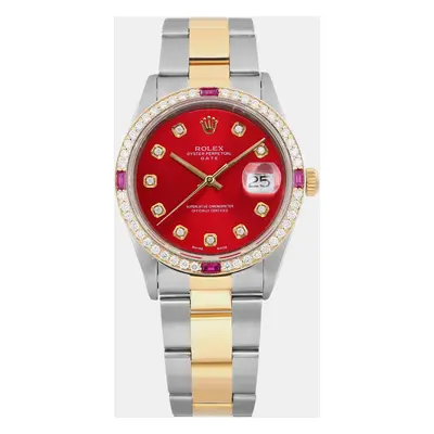 Rolex Red 18K Gold Stainless Steel Oyster Perpetual Date Automatic Women's Wristwatch