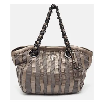 Prada Grey Leather and Nylon Mordore Stripe Tote