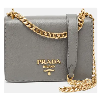 Prada Grey Saffiano Leather Logo Flap Crossbody Bag