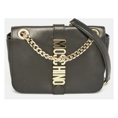 Moschino Black Leather Classic Logo Flap Chain Bag