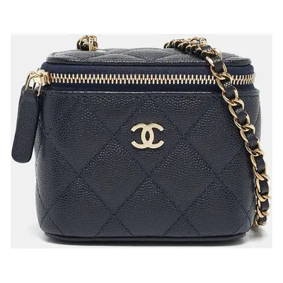 Chanel Navy Blue Quilted Caviar Leather Mini Vanity Case with Chain