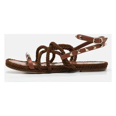 Valentino Brown Rope and Leather Rockstud Torchon Flat Sandals Size