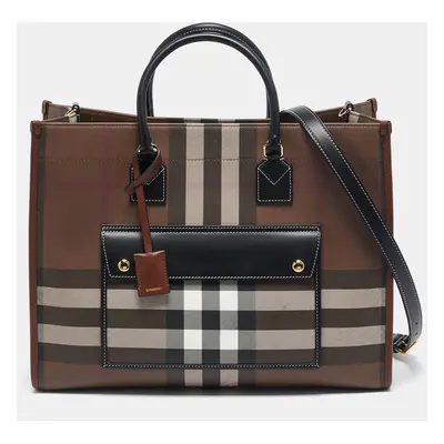 Burberry Dark Birch Brown Check Coated Canvas and Leather Medium Freya Tote