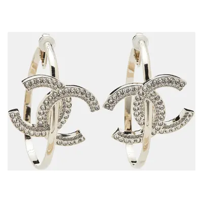 Chanel CC Logo Crystal Gold Tone Hoop Earrings