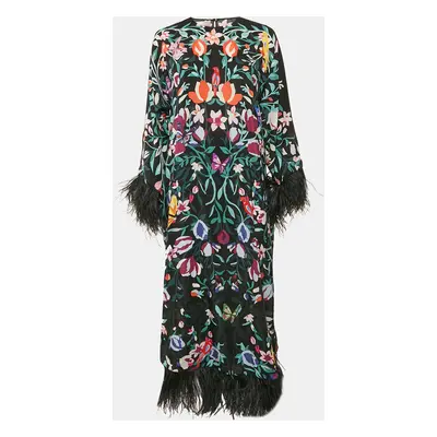 Valentino Black Garden Print Silk Feather Trimmed Crepe De Chine Long Dress