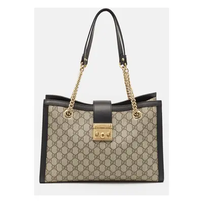 Gucci Black/Beige GG Supreme Canvas and Leather Medium Padlock Tote