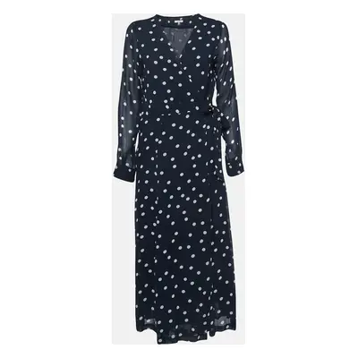 Ganni Navy Blue Polka Dots Chiffon Midi Wrap Dress