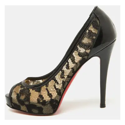 Christian Louboutin Black Lace Ambro Pizzo Peep Toe Platform Pumps Size 37.5